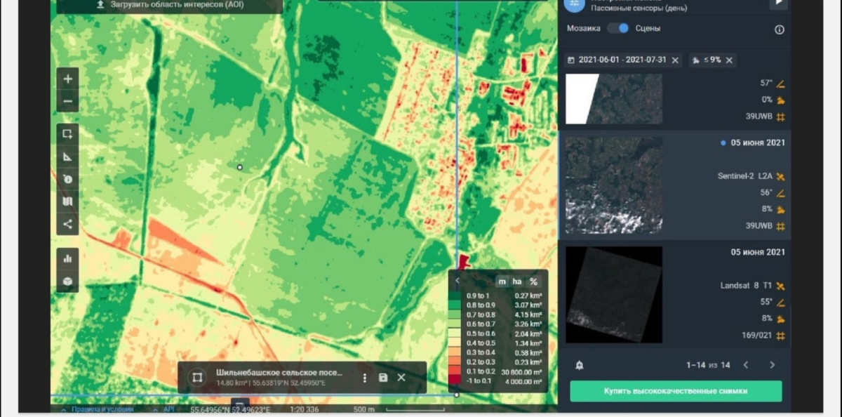 Расчет NDVI для одного из участков