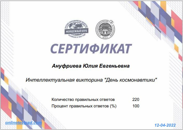 Сертификат участника олимпиады