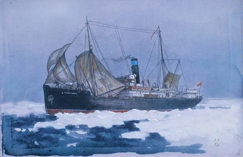 Ледокольный пароход "Сибиряков" с парусами